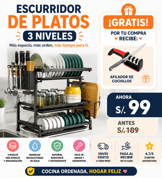 🍽️ ESCURRIDOR DE COCINA ORGANIZADA 3 NIVELES