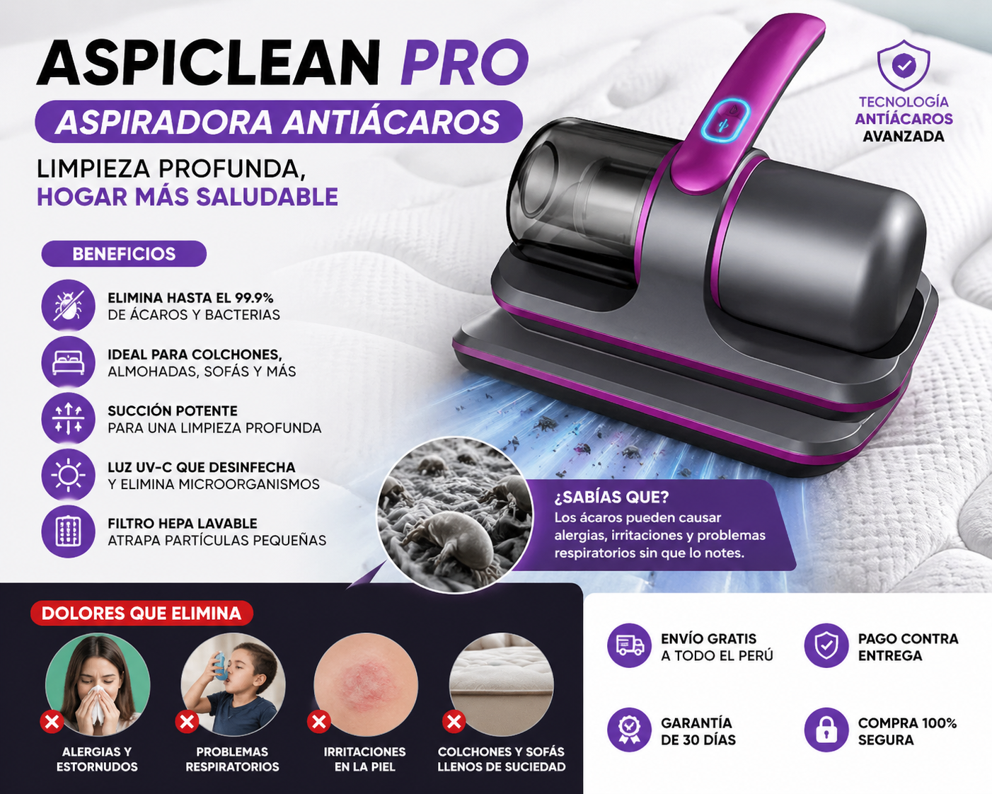 Aspiradora Antiácaros UV para Colchones y Sofás – Limpieza Profunda en Casa