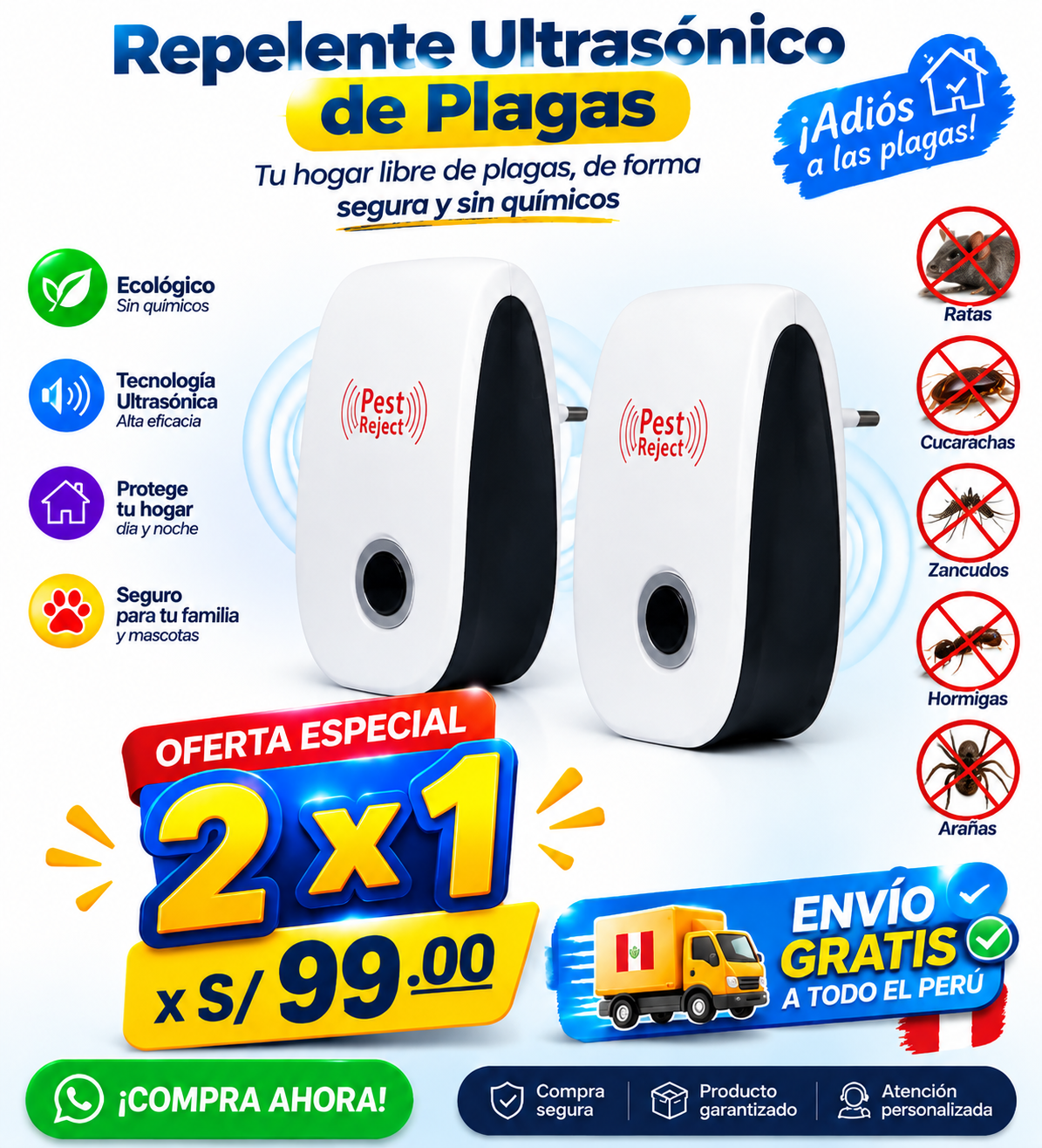 Repelente Ultrasónico de Plagas - Sin Químicos ni Olores