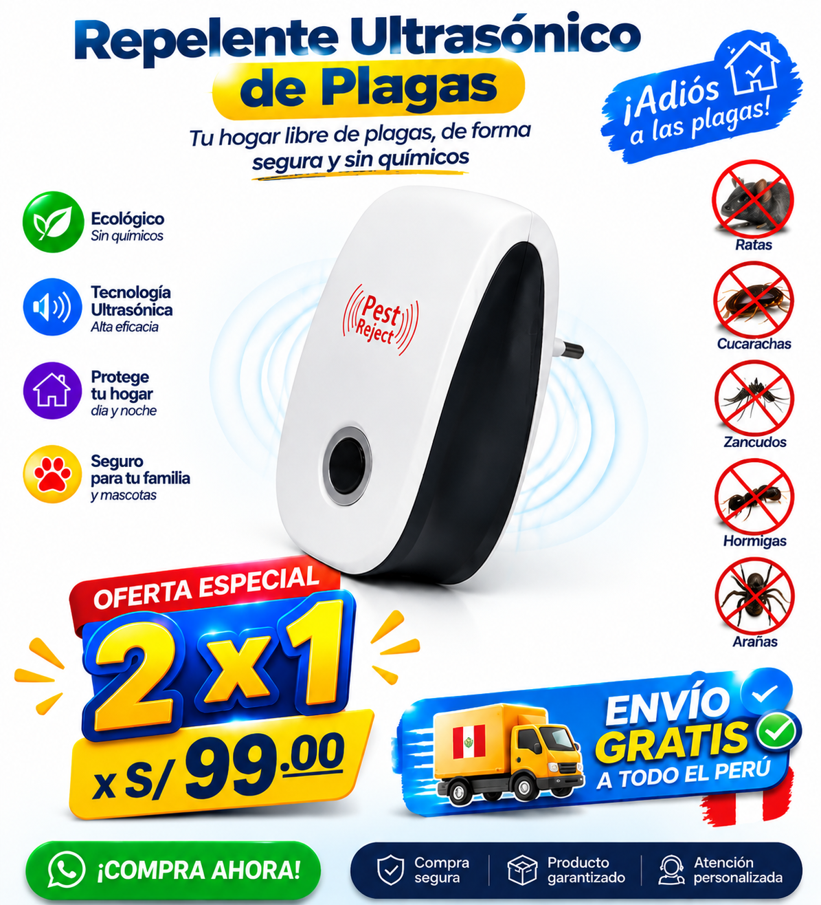 Repelente Ultrasónico de Plagas - Sin Químicos ni Olores
