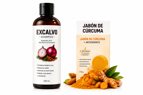 Shampoo Anticaída Excalvo 200ml + Jabón Natural de Cúrcuma de Regalo